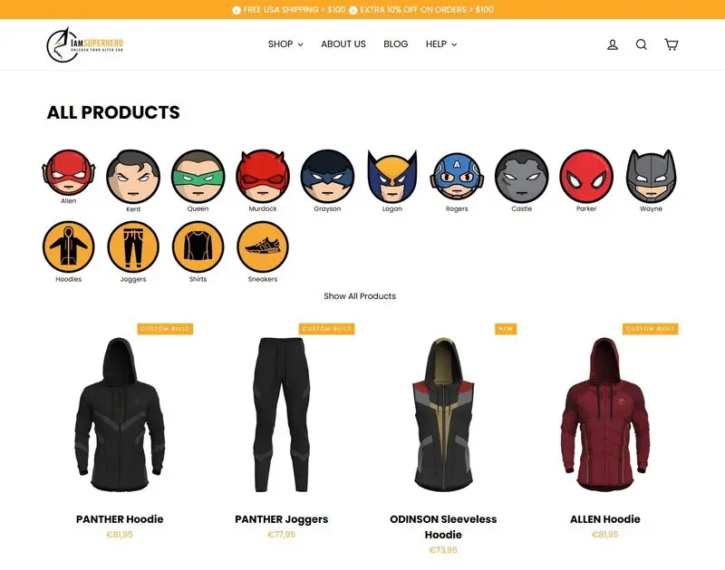 Product collection view in the I AM SUPERHERO Shopify store