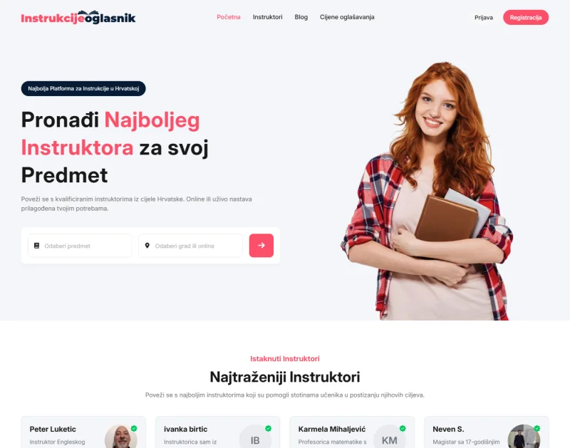 Homepage of the custom Instrukcije Oglasnik platform